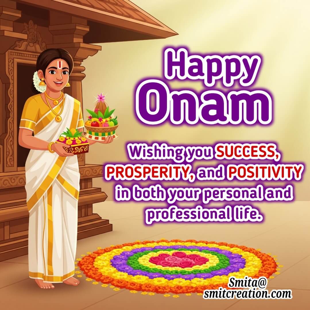 Happy Onam image featuring a person in festive attire holding a gift near Pookalam, symbolizing prosperity in personal and professional life.