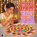 Happy Onam image featuring a woman in Kerala dress with Pookalam and diya, symbolizing festive peace, prosperity, and joy.