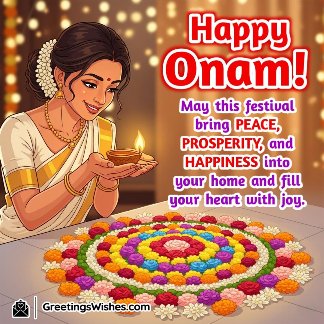 Happy Onam image featuring a woman in Kerala dress with Pookalam and diya, symbolizing festive peace, prosperity, and joy.