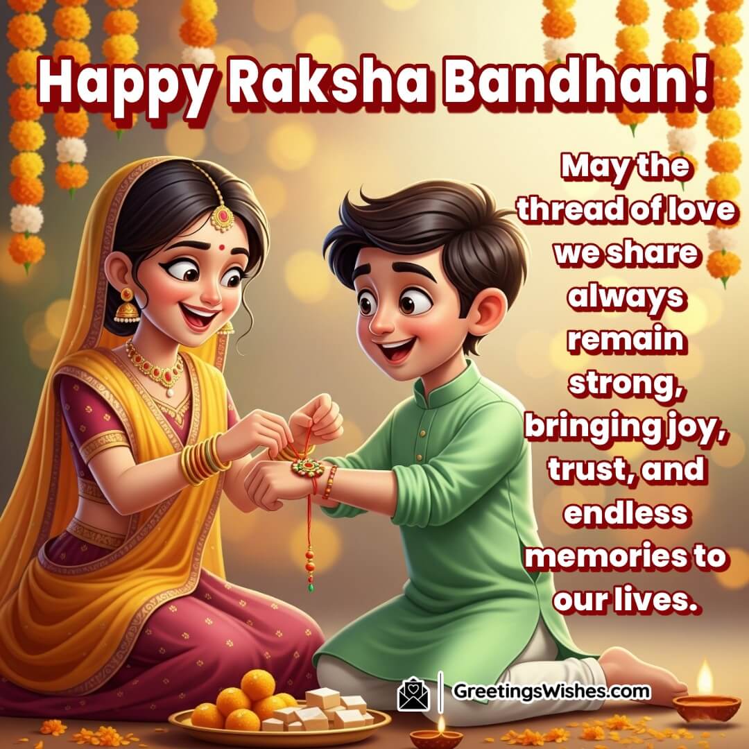 Raksha Bandhan Image featuring a sister tying a rakhi on her brother’s wrist in a warm festive setting with marigold decorations, symbolizing love, trust, and cherished memories.