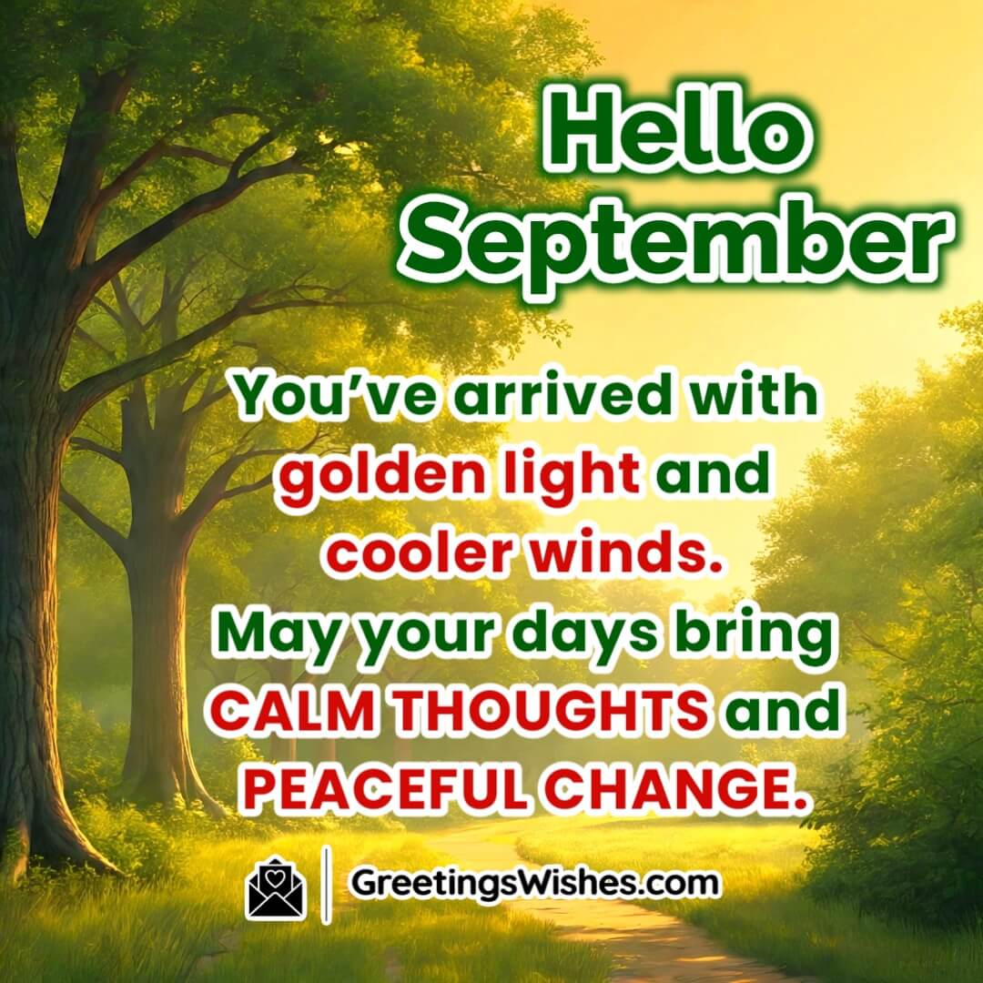 September month image featuring soft golden sunlight with gentle winds moving through leafy trees symbolizing calm thoughts cooler days and peaceful transitions.