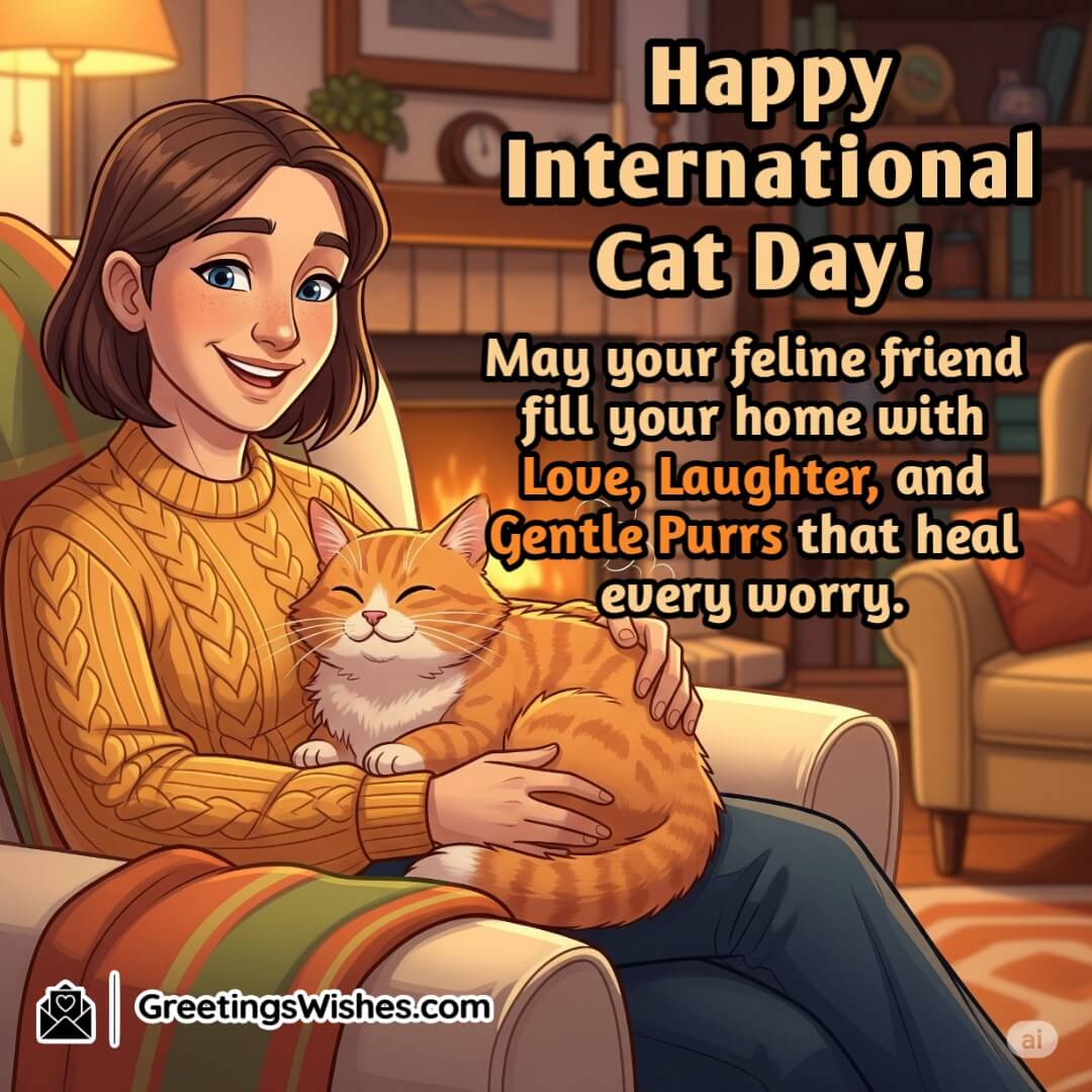 International Cat Day Wishes For Cat Lovers Image featuring a person cuddled up with their cat in a soft, warmly lit room, symbolizing healing, joy, and the comforting rhythm of feline love.