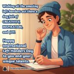 International Left Handers Day Greetings featuring a person drawing or painting with their left hand at a desk surrounded by soft creative details symbolizing unique talents and joyful artistry.