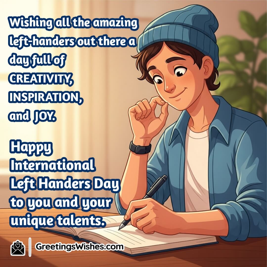 International Left Handers Day Greetings featuring a person drawing or painting with their left hand at a desk surrounded by soft creative details symbolizing unique talents and joyful artistry.