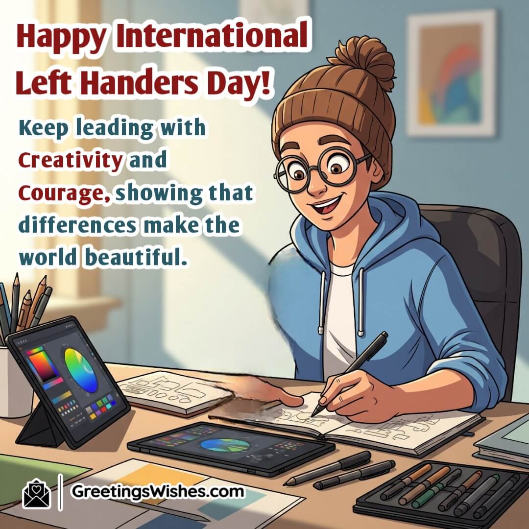International Left Handers Day Messages Image featuring a confident young person using their left hand for a creative task symbolizing leadership courage and the value of uniqueness.