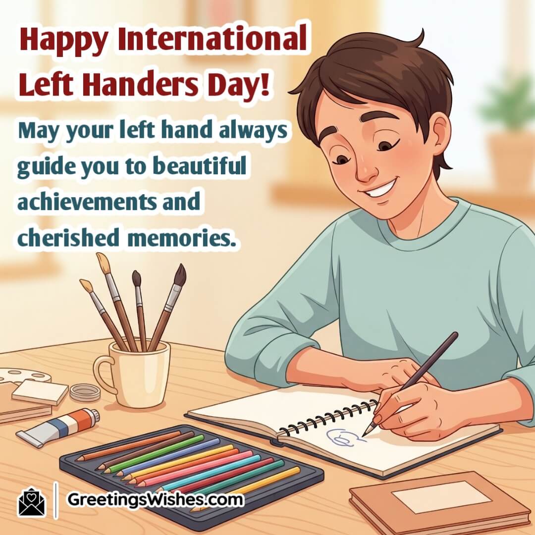 International Left Handers Day Wishes Image featuring a person writing or creating with their left hand in a calm indoor setting symbolizing guidance toward success and lasting memories.