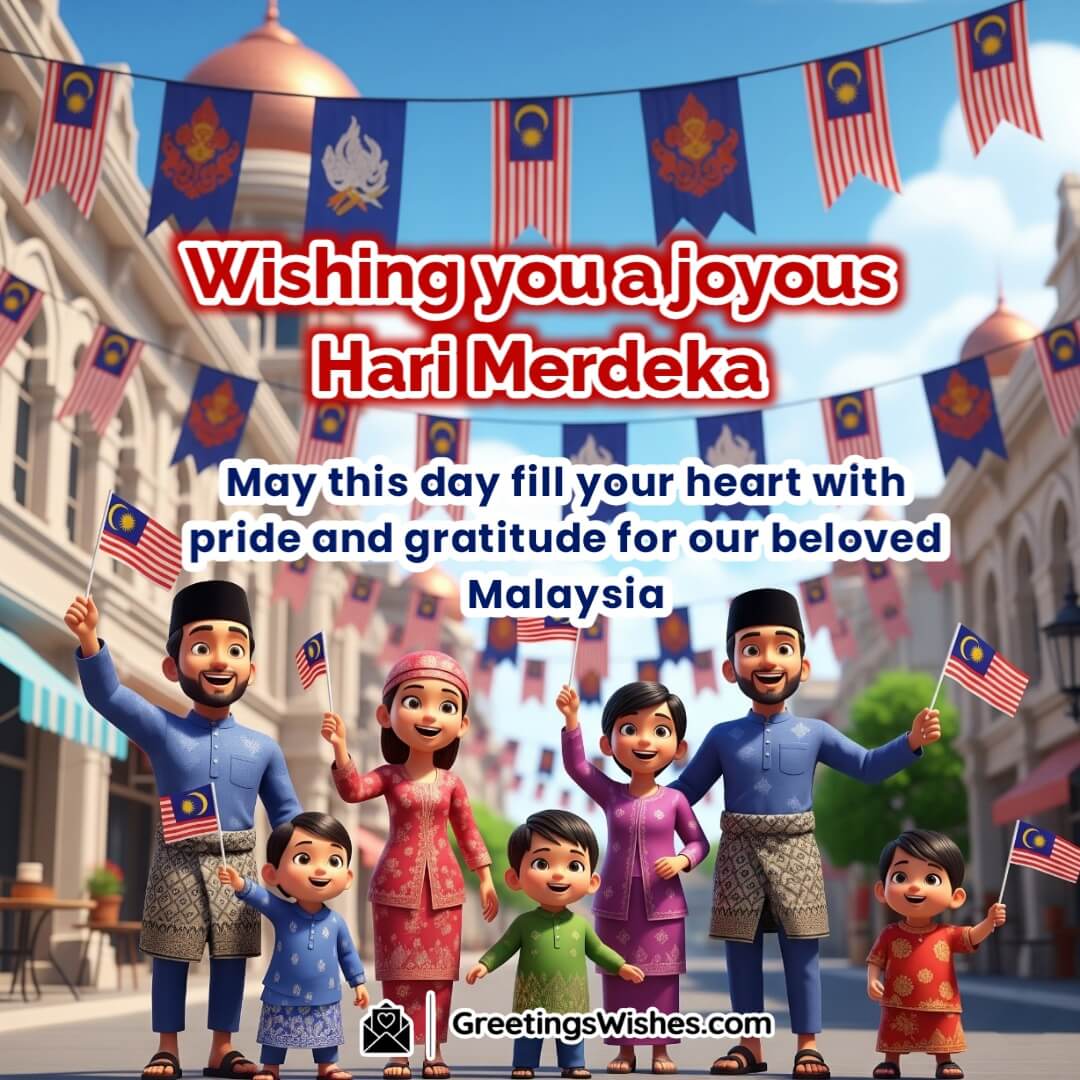 Hari Merdeka image featuring families gathered in a festive street with Malaysian flags symbolizing pride gratitude and love for the country.