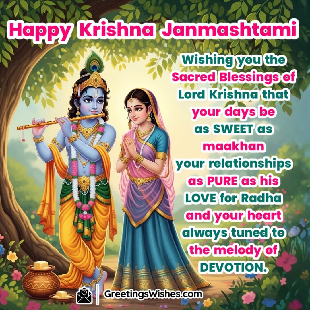 Krishna Janmashtami Blessing image featuring Krishna playing the flute with Radha nearby under a kadamba tree symbolizing divine love sweetness and spiritual harmony.