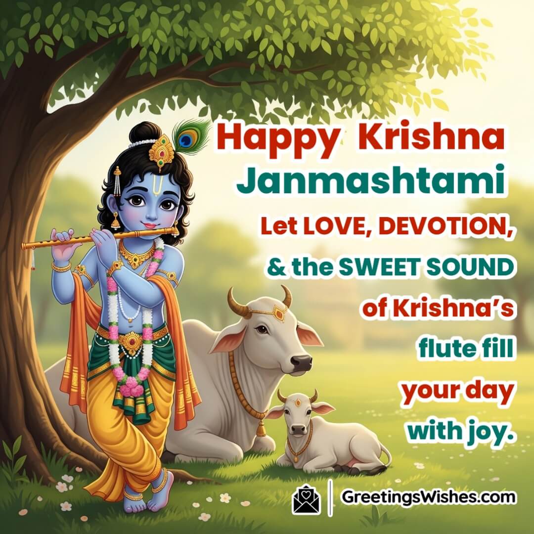 Krishna Janmashtami Status image featuring Krishna standing under a kadamba tree playing his flute with peacocks nearby symbolizing divine love devotion and blissful music.