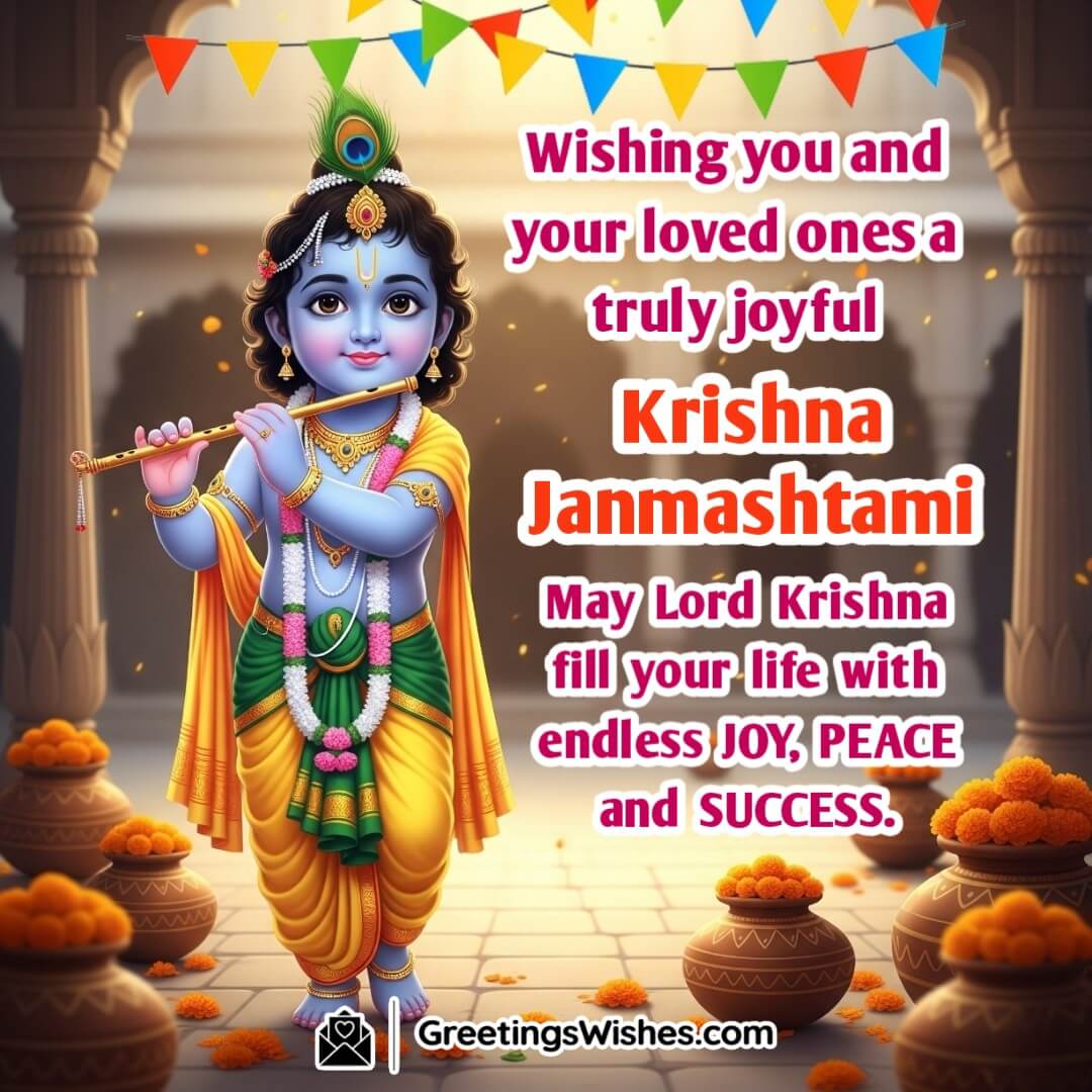 Krishna Janmashtami Wish image featuring child Krishna holding a flute with a gentle smile standing in a decorated temple courtyard symbolizing blessings happiness and prosperity.