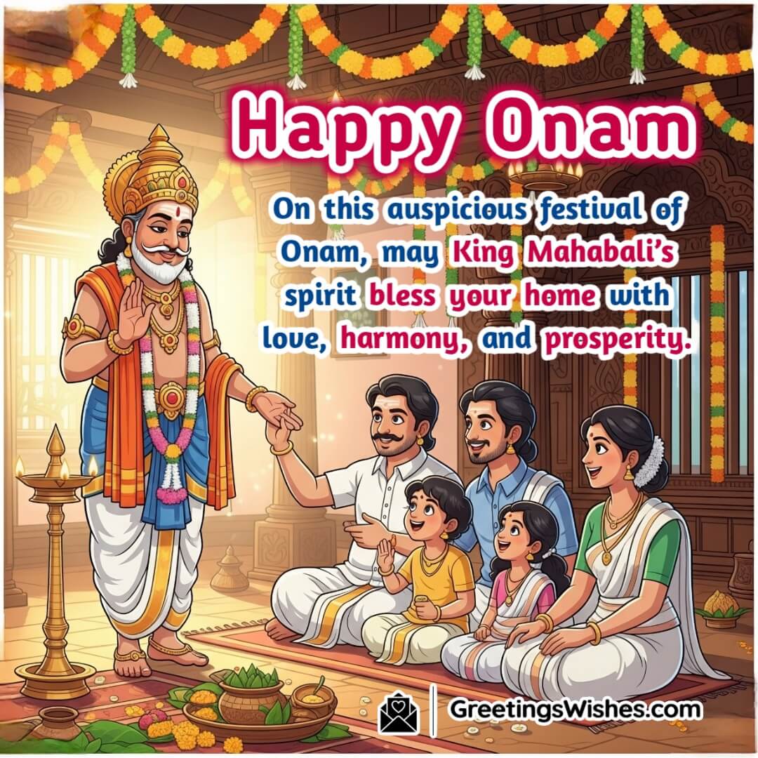 Happy Onam image featuring King Mahabali blessing a home, symbolizing love, harmony, and festive blessings.