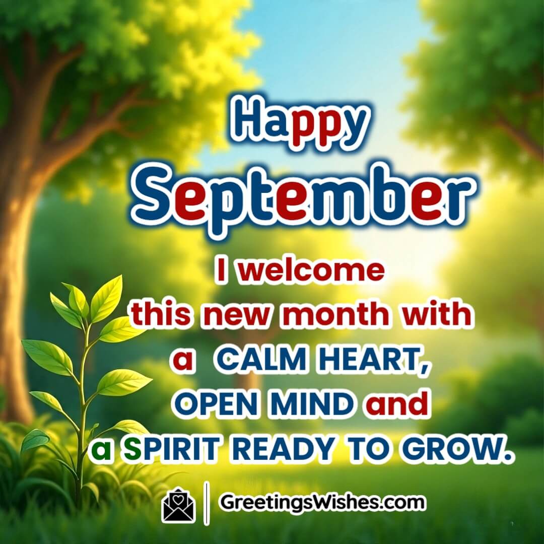September month image featuring a serene garden with sunlight streaming through trees and open sky symbolizing growth calmness and a fresh new month.