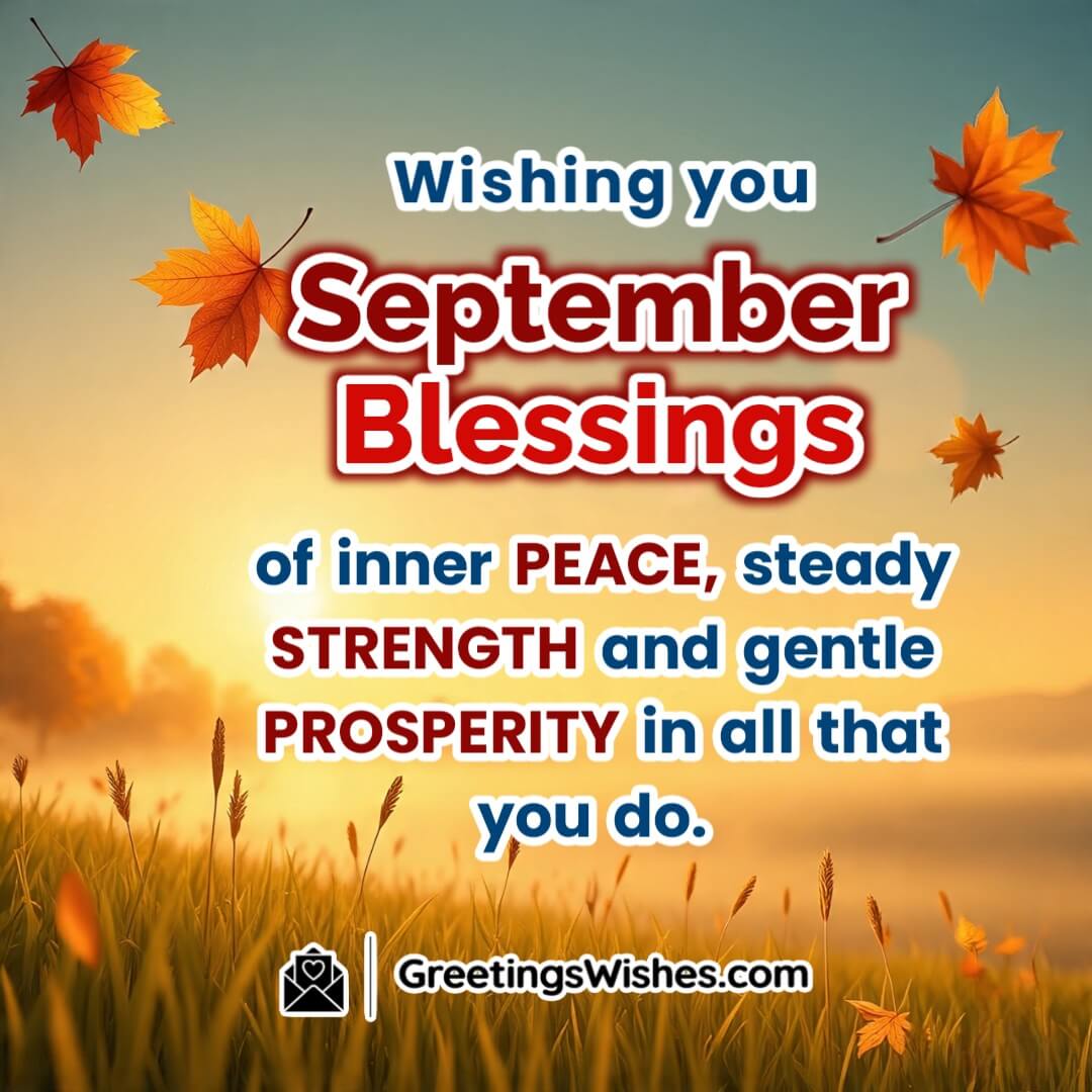 September month image featuring golden sunrise over a calm meadow with soft leaves and breeze symbolizing peace strength and prosperity.