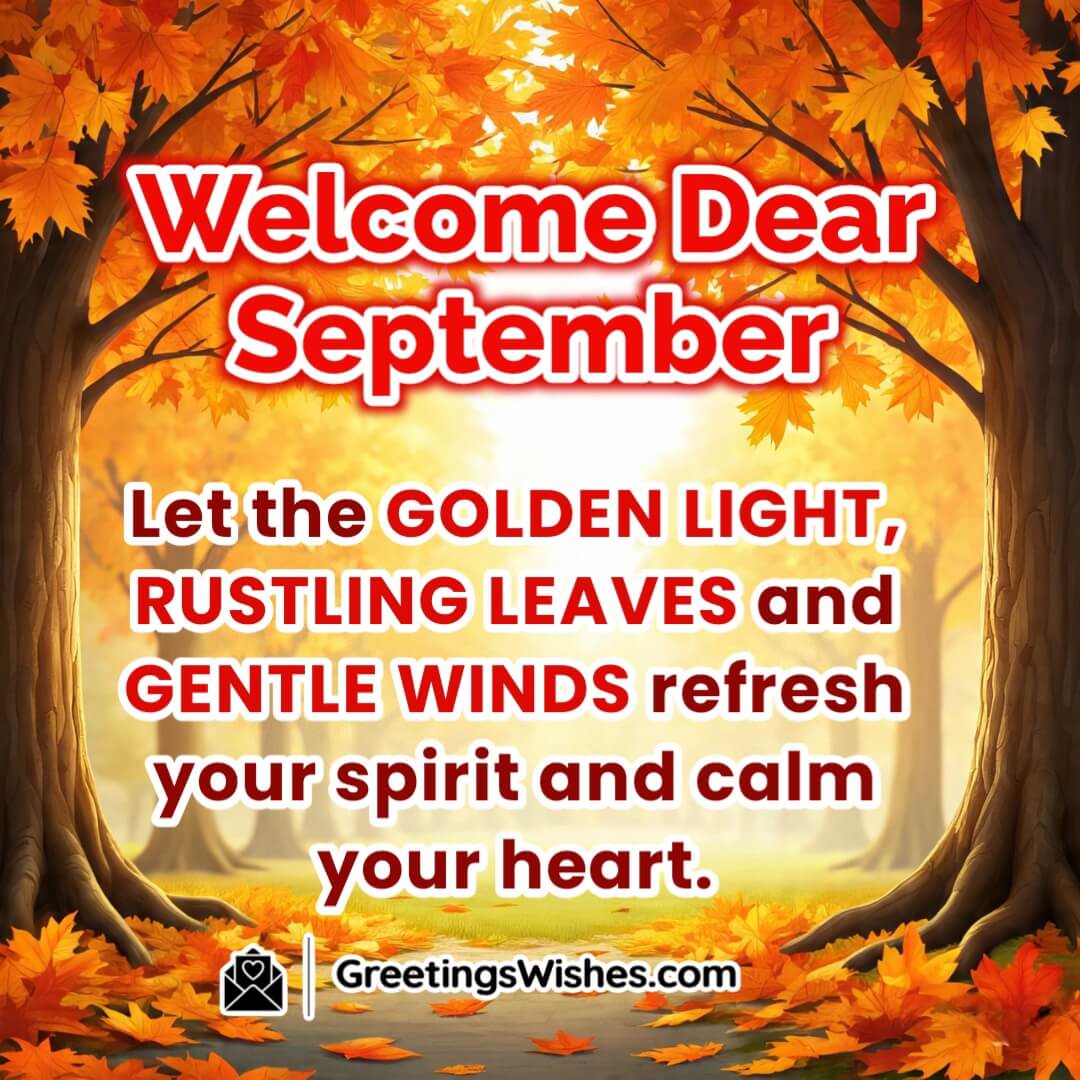 September month image featuring golden morning sunlight shining through rustling autumn leaves with a soft breeze symbolizing freshness calmness and renewal.