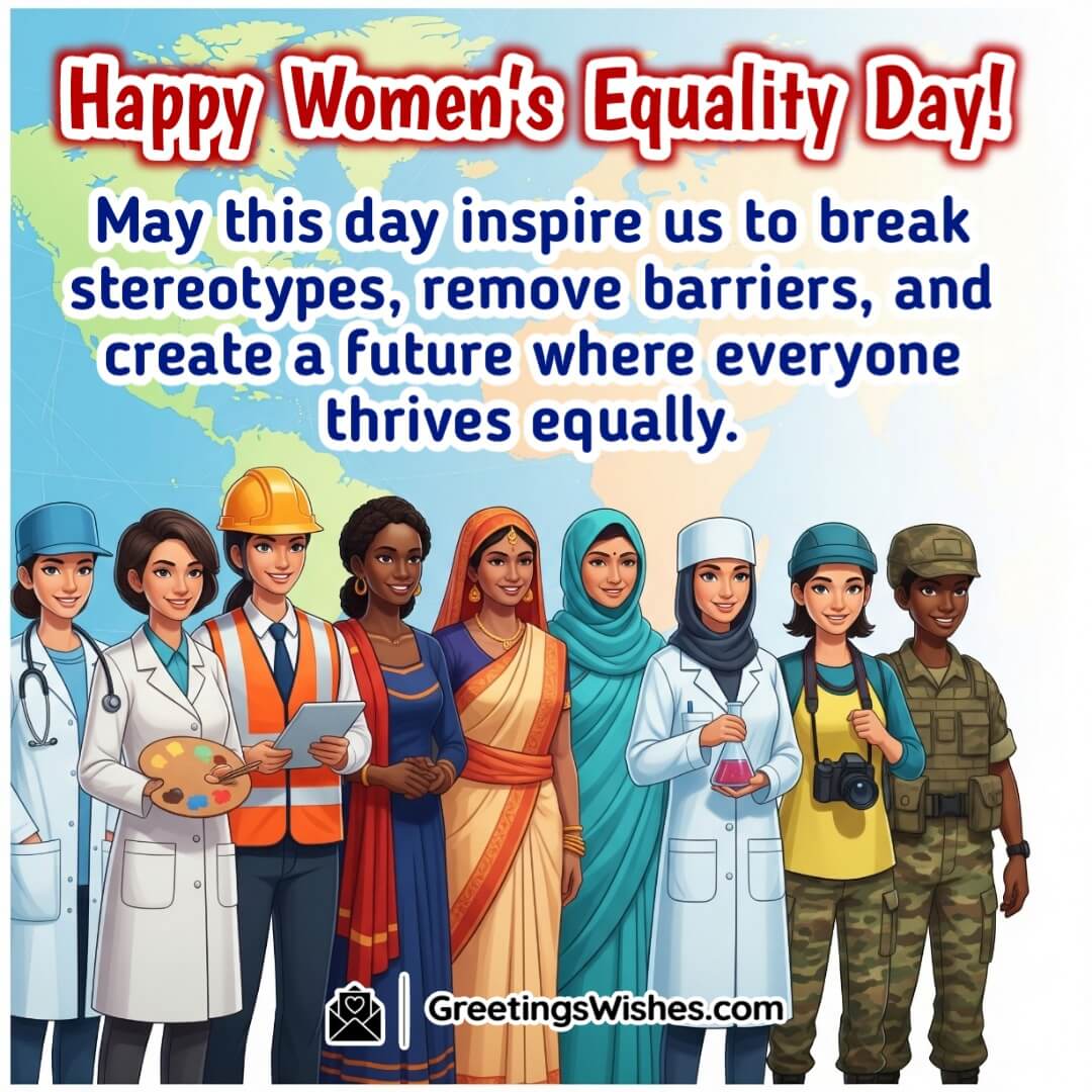 Women’s Equality Day image featuring women from diverse fields standing together, symbolizing progress and breaking barriers.