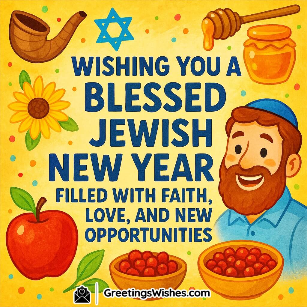 Jewish New Year image with shofar, honey, apple, pomegranate, sunflower, and a smiling man in kippah, symbolizing blessings and joy.