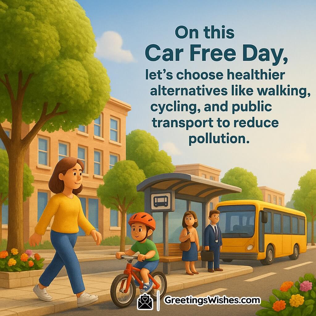 Car Free Day image featuring a cheerful city street with people walking, a child cycling, and commuters waiting at a bus stop with a bright yellow bus, symbolizing eco-friendly transport and cleaner air.