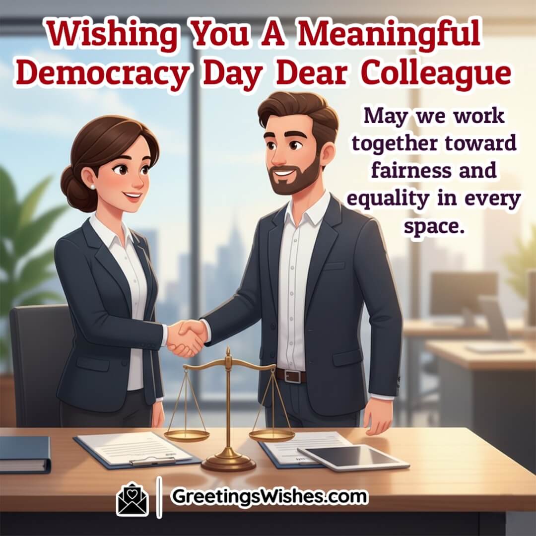 International Day of Democracy image featuring two colleagues shaking hands with documents and balance scales in the background symbolizing fairness teamwork and equality.