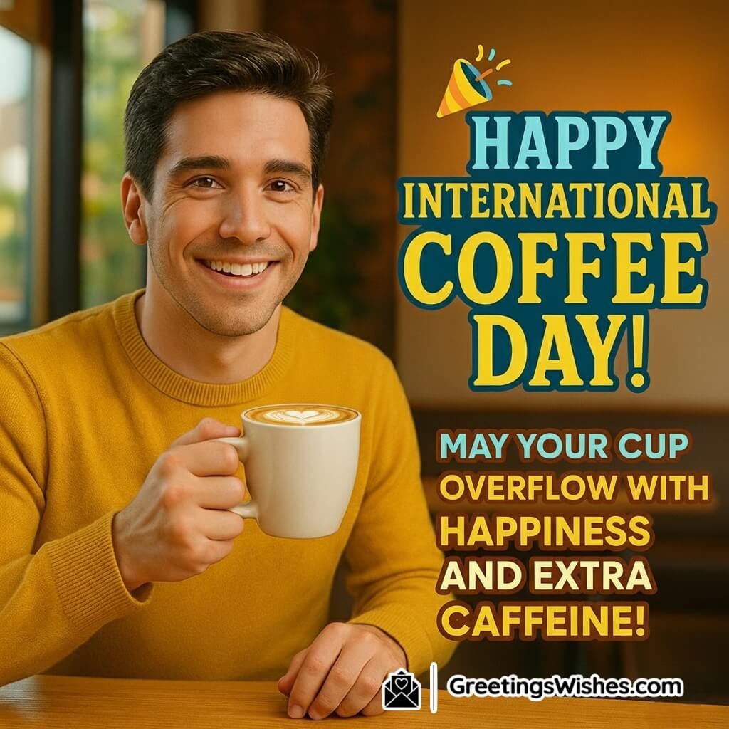 Fun And Cheerful International Coffee Day image featuring a smiling person holding a steaming cup of coffee in a bright café symbolizing joy and celebration of coffee.