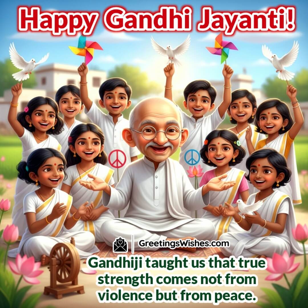 Happy Gandhi Jayanti image featuring Gandhiji sitting peacefully with smiling children holding doves, pinwheels, and peace symbols, symbolizing truth, non-violence, and harmony.