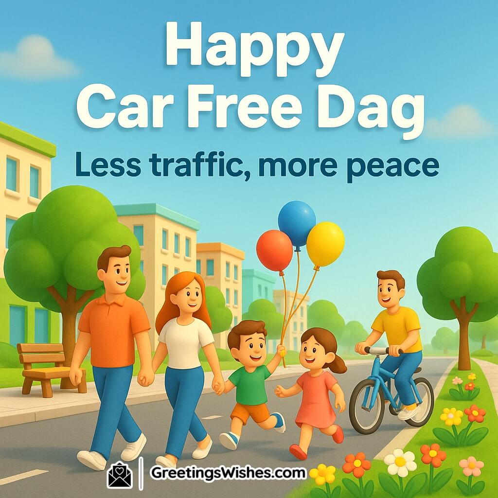 Happy Car Free Day image featuring joyful families walking and cycling on peaceful, car-free streets, symbolizing less traffic and more peace.