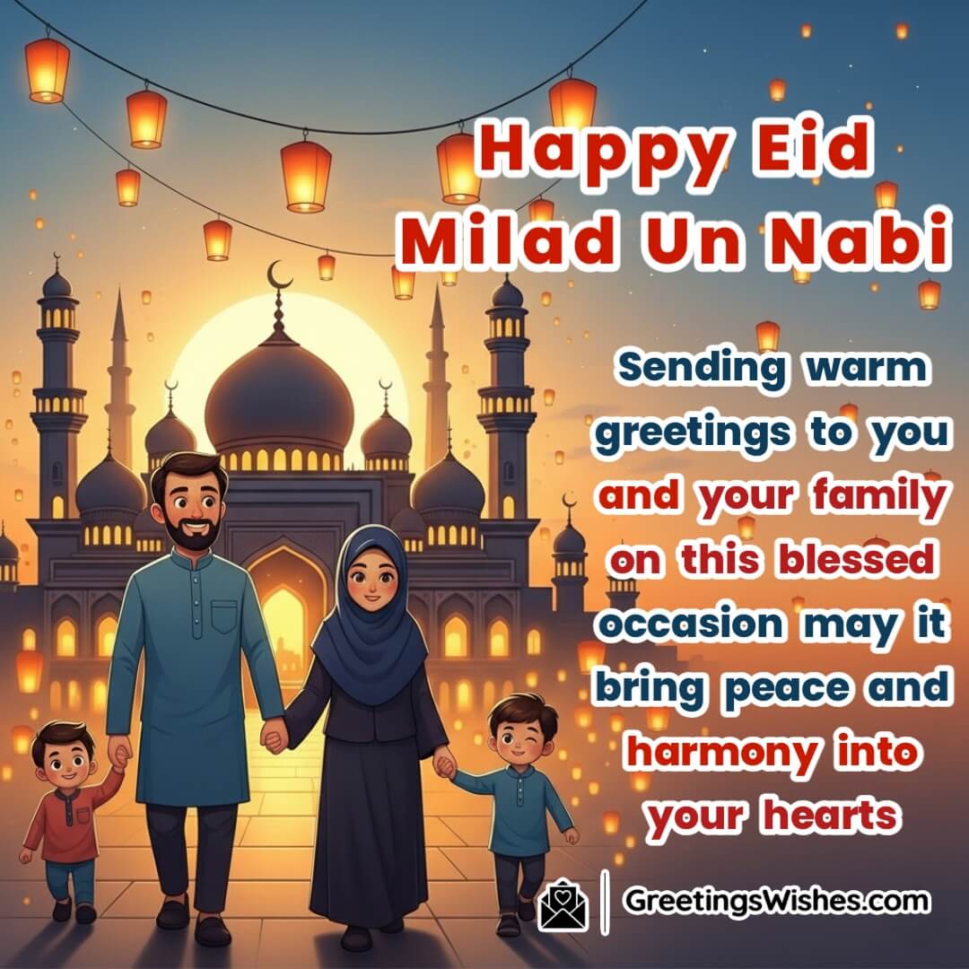Eid Milad Un Nabi image featuring a family walking toward a mosque at sunset with glowing lights symbolizing harmony unity and blessings.