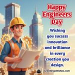 Engineers Day image featuring an engineer holding blueprints with gears bridges and buildings in the background symbolizing innovation success and creative design.