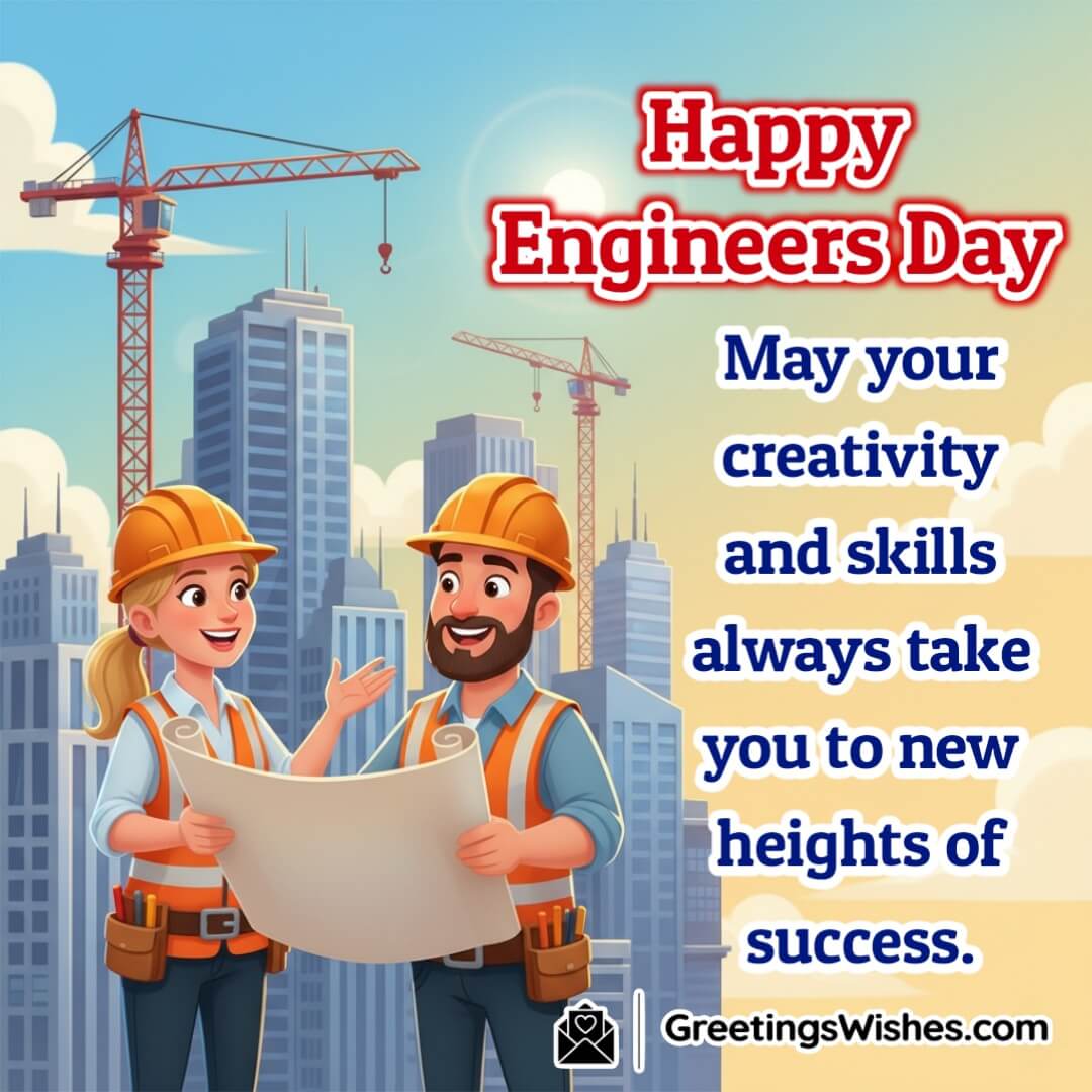 Engineers Day image featuring two young engineers in helmets joyfully discussing blueprints with skyscrapers and cranes in the background symbolizing creativity friendship and success.