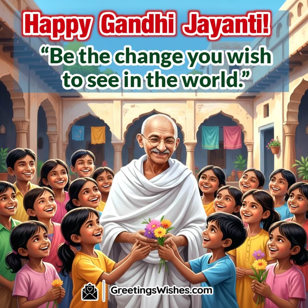 Happy Gandhi Jayanti image featuring Gandhiji smiling warmly as children gather around him with flowers, symbolizing inspiration, change, and harmony.