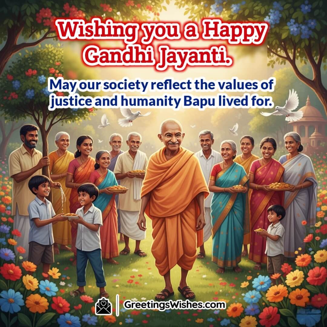 Happy Gandhi Jayanti image featuring Gandhiji walking peacefully among smiling families offering sweets, with doves flying and flowers blooming, symbolizing justice, humanity, and harmony.