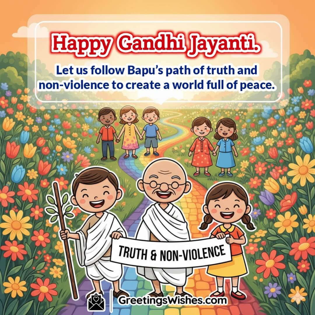 Happy Gandhi Jayanti image featuring Gandhiji walking with smiling children on a colorful path through flowers, holding a banner of truth and non-violence, symbolizing peace and harmony.