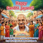 Happy Gandhi Jayanti image showing Mahatma Gandhi with smiling villagers, spinning wheel, rangoli, and doves symbolizing peace, truth, and harmony.