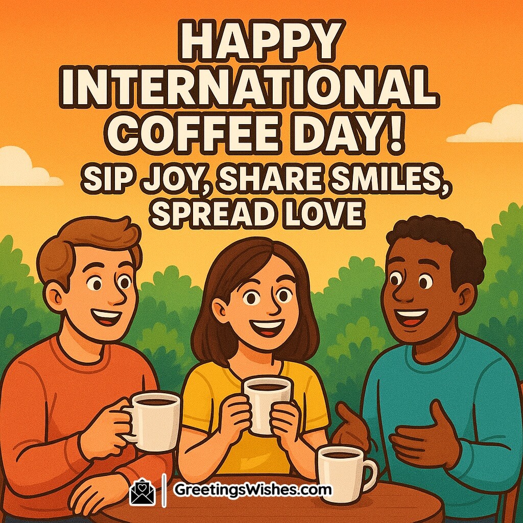 Happy International Coffee Day Status Image featuring three friends with open eyes and joyful expressions, sitting at a café table enjoying steaming coffee mugs under a vibrant sky, symbolizing happiness, togetherness, and celebration of International Coffee Day.