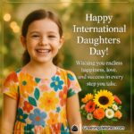 Happy International Daughters Day image featuring a smiling young girl in colorful dress with garden background, symbolizing joy, love, and blessings.