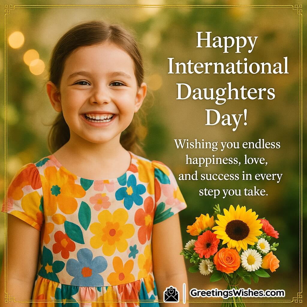 Happy International Daughters Day image featuring a smiling young girl in colorful dress with garden background, symbolizing joy, love, and blessings.