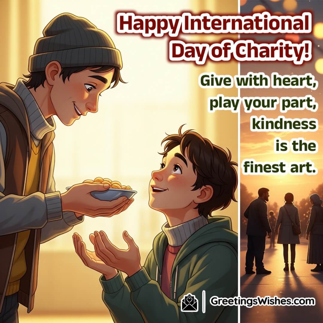 International Day of Charity image featuring two people sharing food with warm expressions under golden daylight symbolizing kindness compassion and humanity.