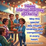 International Day of Charity image featuring open hands holding a glowing heart with warm golden light symbolizing compassion kindness and humanity.