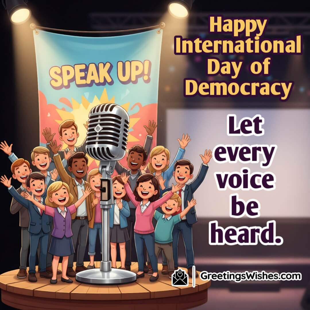 International Day of Democracy image featuring a large microphone surrounded by diverse people raising their hands symbolizing that every voice should be heard.