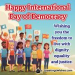 International Day of Democracy image featuring raised hands of diverse people holding small flags under bright sky symbolizing freedom dignity equality and justice.