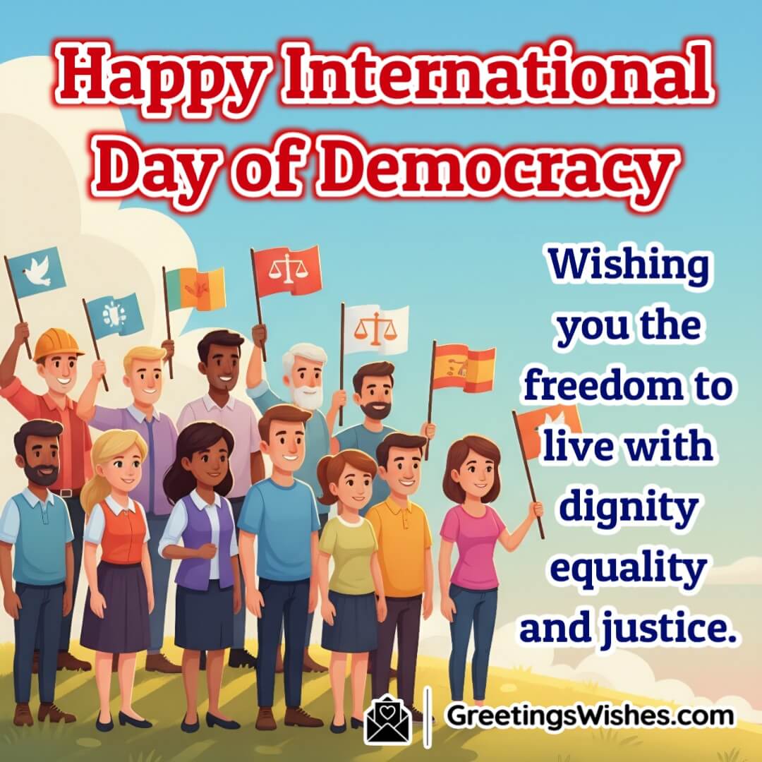 International Day of Democracy image featuring raised hands of diverse people holding small flags under bright sky symbolizing freedom dignity equality and justice.