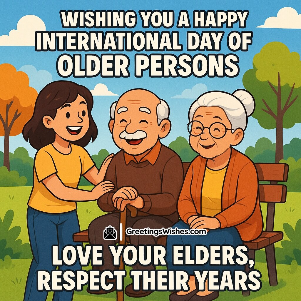 International Day of Older Persons image featuring a cheerful young woman with an elderly couple sitting on a park bench, smiling warmly, symbolizing love, respect, and gratitude for elders.