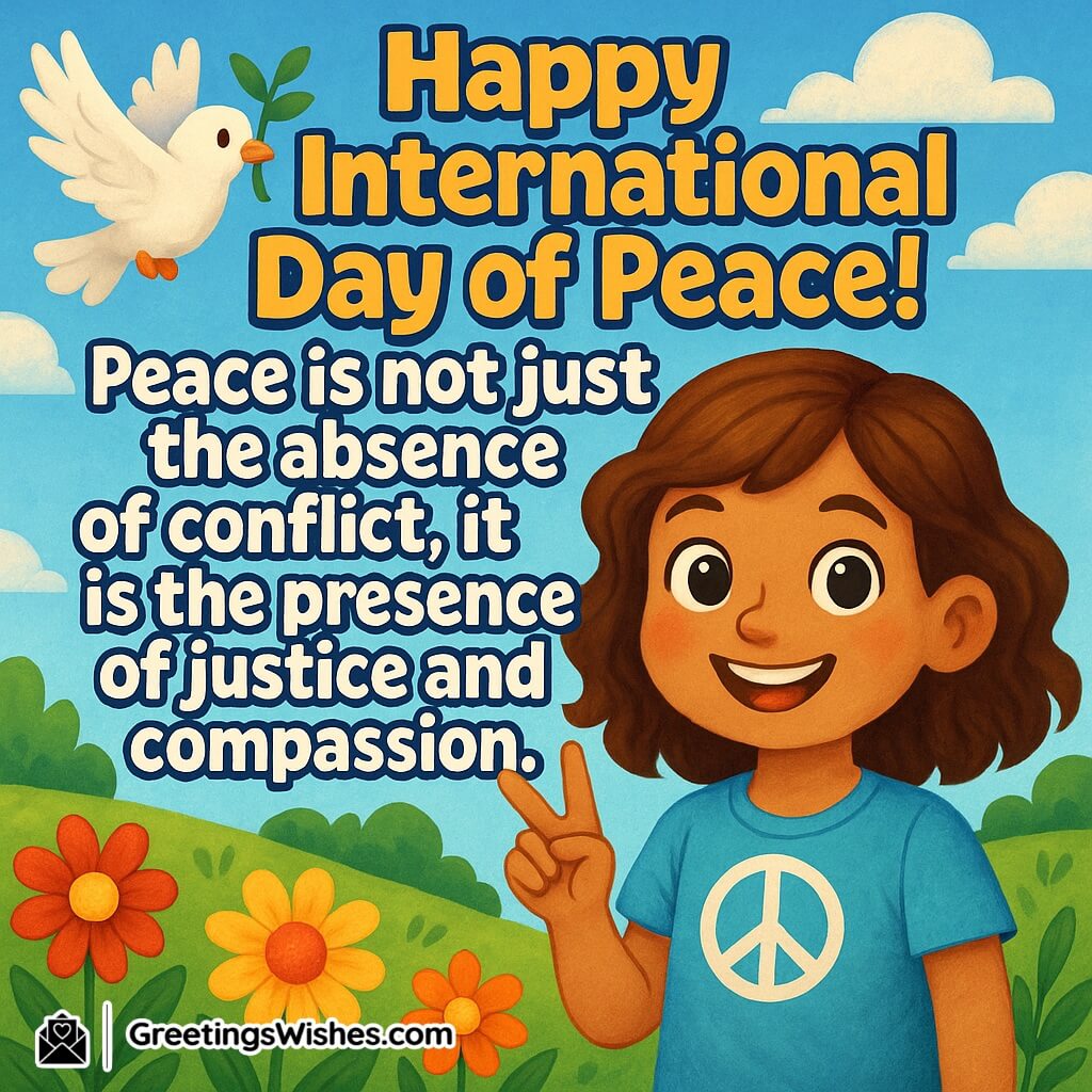 International Day of Peace image featuring a smiling child wearing a peace sign shirt, a white dove with an olive branch, colorful flowers, and bright blue sky symbolizing harmony, justice, and compassion.