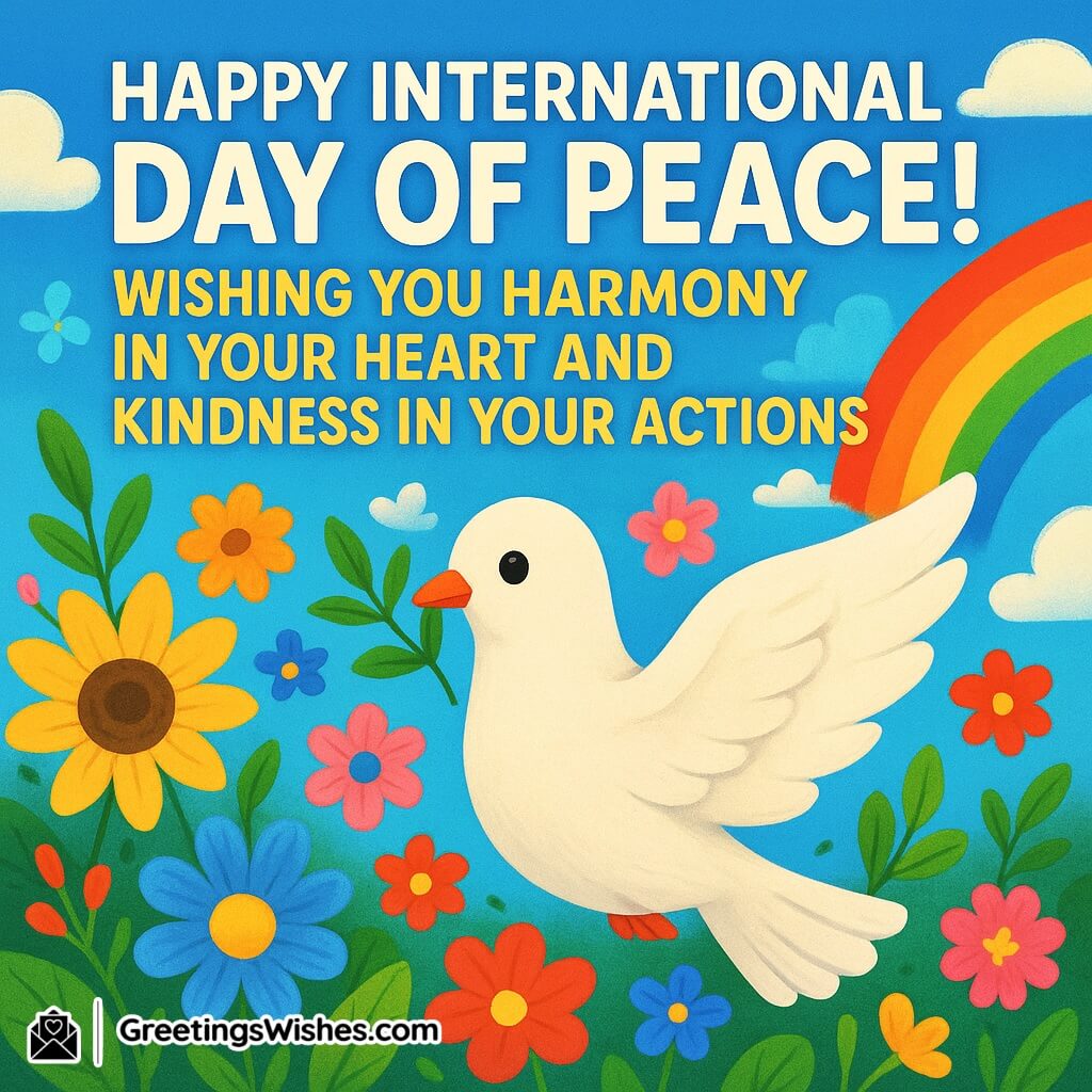 International Day of Peace image featuring a white dove with an olive branch, surrounded by colorful flowers and a rainbow in a bright blue sky, symbolizing harmony, hope, and kindness.