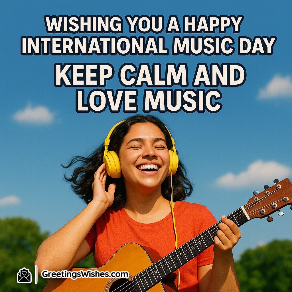 International Music Day image featuring a smiling young woman with yellow headphones and guitar under a bright blue sky, symbolizing happiness and encouraging love for music.