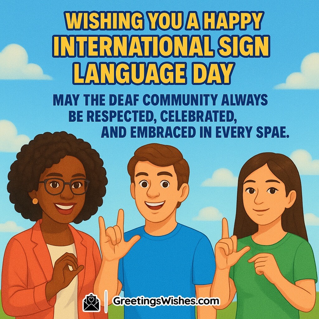 Happy International Sign Language Day image with diverse people using sign language, symbolizing respect, inclusion, and celebration of the Deaf community.
