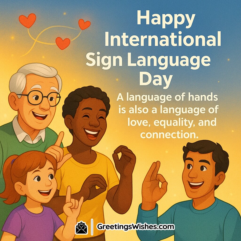 Happy International Sign Language Day image with diverse people using sign language, symbolizing love, equality, and connection.