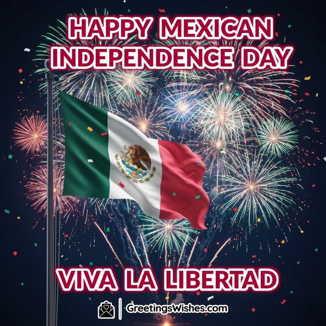 Mexican Independence Day image featuring the Mexican flag with fireworks in the night sky symbolizing freedom celebration and patriotism.