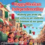 Mexican Independence Day image featuring the Mexican flag waving proudly in bright daylight with people celebrating together symbolizing pride joy and unity.