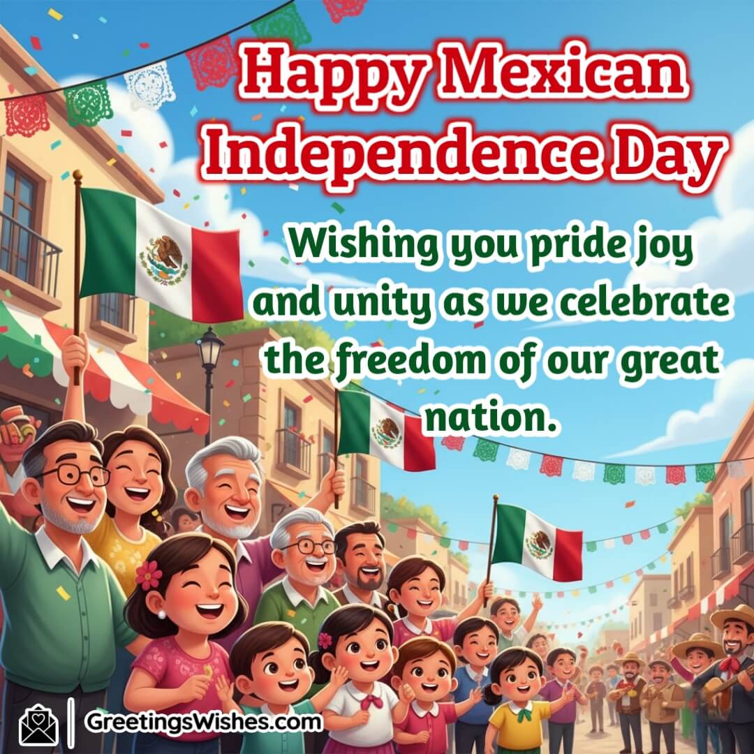 Mexican Independence Day image featuring the Mexican flag waving proudly in bright daylight with people celebrating together symbolizing pride joy and unity.
