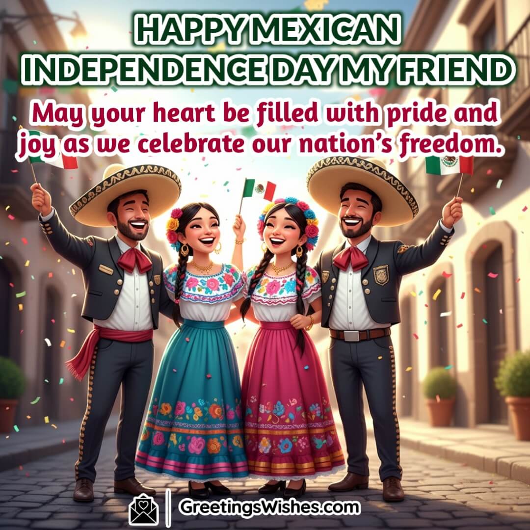Mexican Independence Day image featuring friends celebrating with Mexican flags in a festive street symbolizing joy pride and national unity.